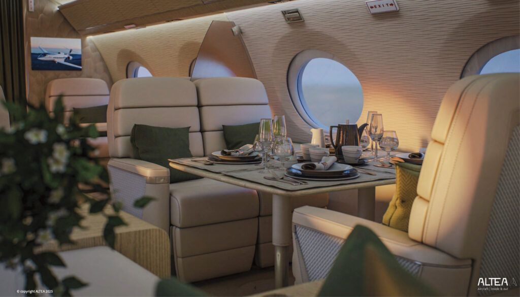 Dining space on aircraft with beige leather chairs, green cushions, elegant table setting, light wood, and natural lighting from windows