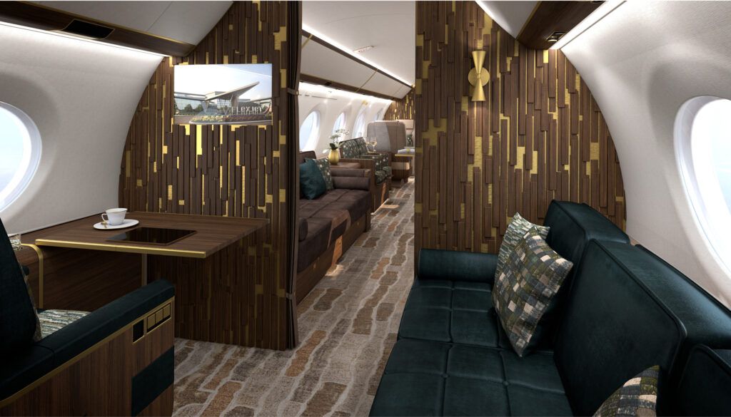 Private jet with teal-coloured divan and seat, carpet in brown tones, bulkhead with wooden bars on gold backing. View to cabin with brown divan and more seating.