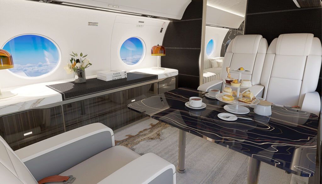 Luxury private jet interior with cream seats, dining table with topographical design, orange lamps, brown wood and orange seatbelt