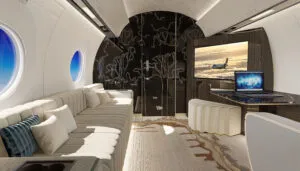 Luxury private jet interior with cream divan and ottoman, dark wood bulkheads with tree design, and monitor