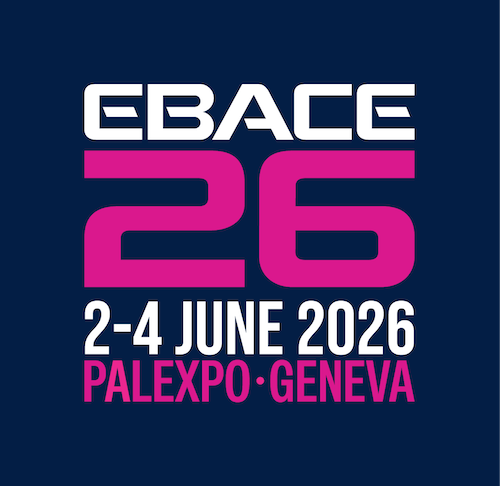 EBACE26 logo. Text reads: EBACE 26, 2–4 June 2026, Palexpo, Geneva. White and pink text on a dark navy background.