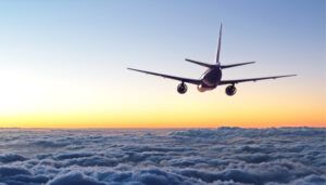 Aircraft flying over clouds at sunset