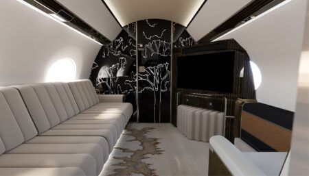 Luxury private jet interior with cream divan and ottoman, dark wood bulkheads with tree design, and screen