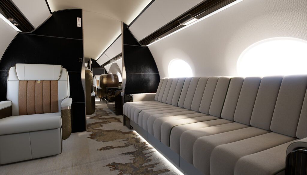 Luxury private jet interior with cream divan, dark bulkheads, VIP seating and flowing carpet design