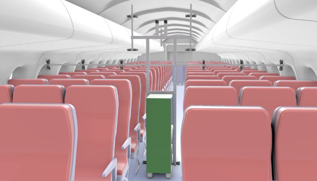 Aircraft cabin interior with service cart in aisle carrying metal structure with sensors scanning above each seat, as well as above and below overhead compartments