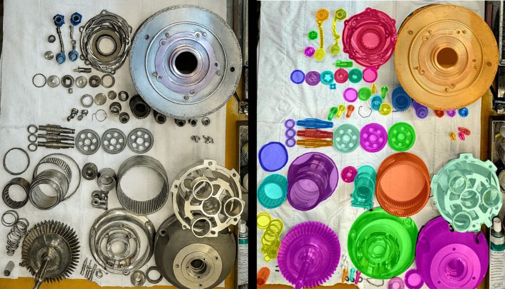 Split image: metal parts on left, and the same image with colourful digital overlays on right