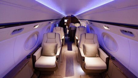 G550 cabin with purple lighting and starlight headliner