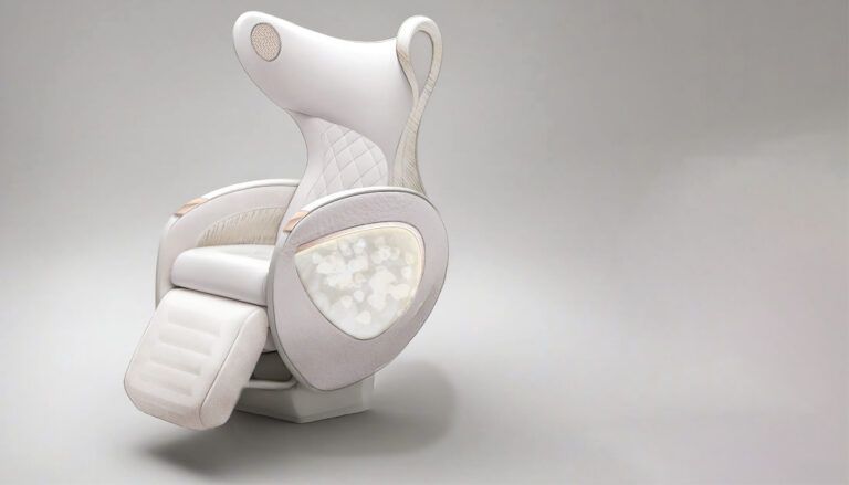 Pale blush VIP chair with curved headrest, quilted upholstery and pearl inlay
