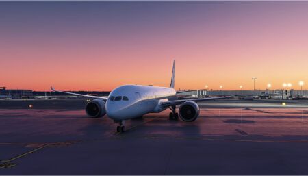 BBJ 787 pictured at airport, at sunset