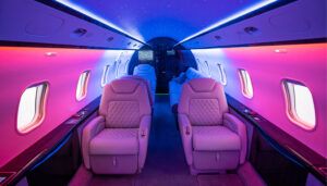Luxurious private jet interior with purple lighting