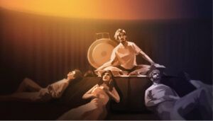 Illustration of people reclining around central person with gong and bowls