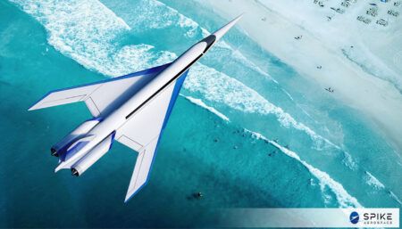 Rendering of supersonic aircraft flying over turquoise ocean