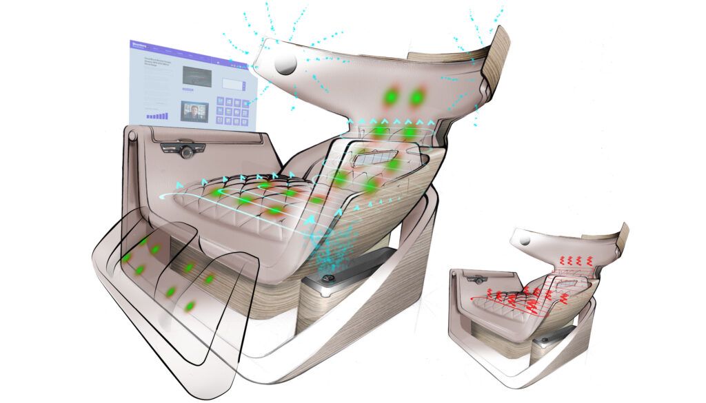 Picture of seat overlaid with illustration of technical functions such as massage systems and cooling/heating