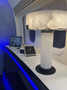 Mockup of aircraft credenza/sidewall with table lamp