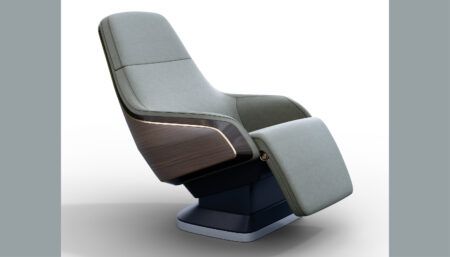 Modern grey reclining chair with wooden accents