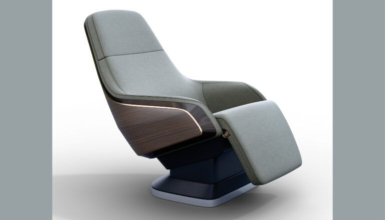 Modern grey reclining chair with wooden accents
