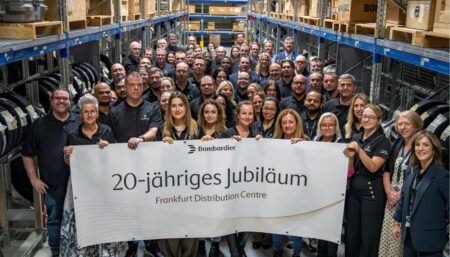 Team celebrating anniversary in warehouse