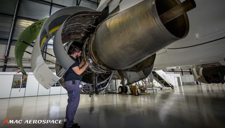 Aircraft maintenance technician inspecting jet engine in hangar facility