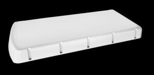 White streamlined satellite antenna unit on black background