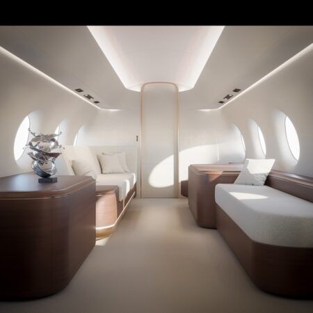 private jet interior with cream seating and circular windows