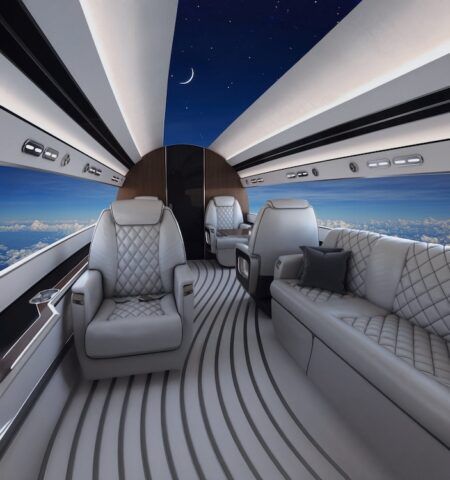 Interior of Otto Aerospace Phantom 3500, grey seating and overhead lighting