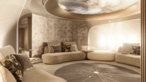 Living area featuring sofas in a circular arrangement, in a neutral tone