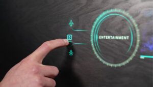 Hand touching blue CMS icon on wood-look surface