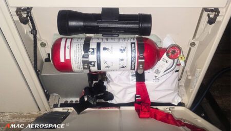 Fire extinguisher secured in storage space on aircraft