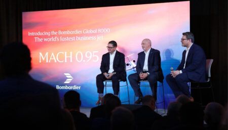 VIDEO: Mach 0.95 top speed for Global 8000 Bombardier Global 8000 presentation with executives on stage