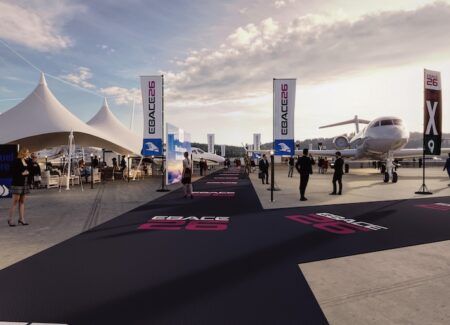 Layout reimagined for static display at EBACE26 Aircraft display at outdoor aviation trade show event