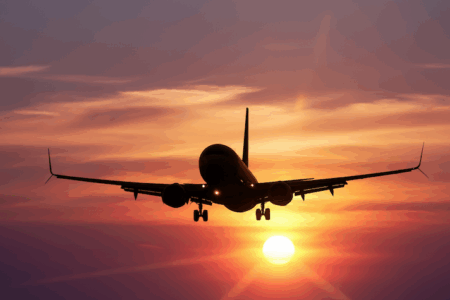 Natalie Rodriguez appointed for BBJ MAX 8 completion Aircraft silhouette landing against orange sunset sky with sun