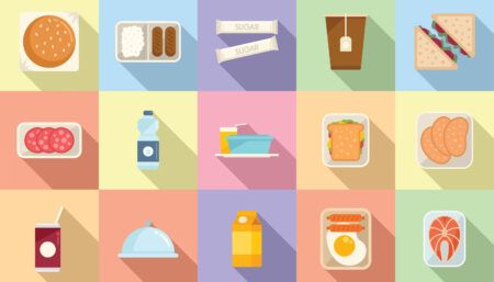 Colourful illustration of airline food and drink items