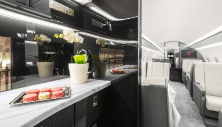 Challenger 604 galley with white marble countertops