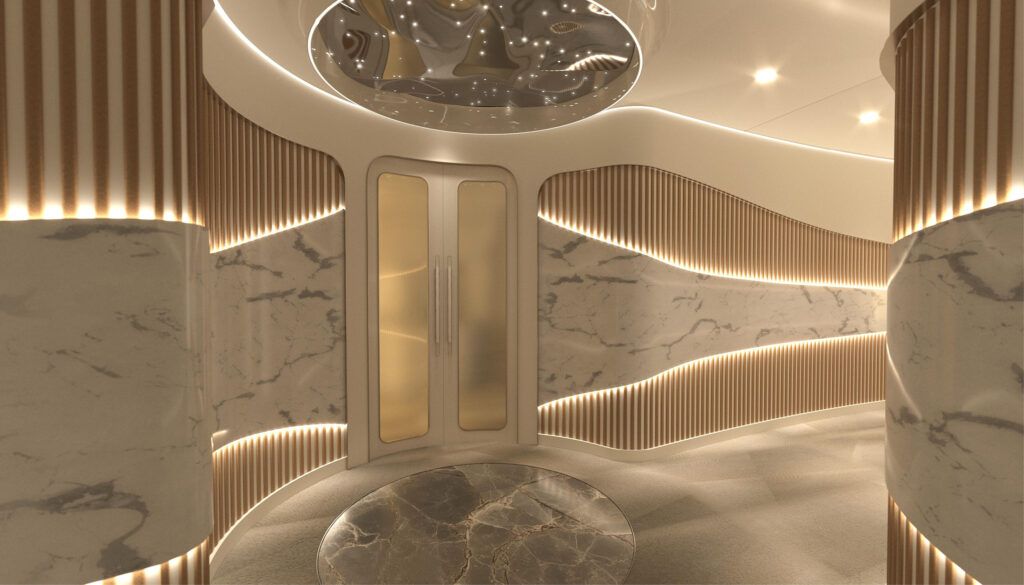 VIP aircraft entryway with backlit marble wall panels, gold doors