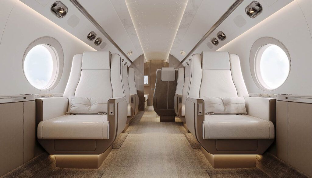 Private jet cabin with cream leather seats and ambient lighting
