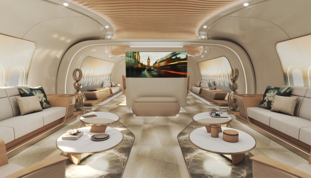 Symmetrical VIP aircraft lounge with cream and gold scheme