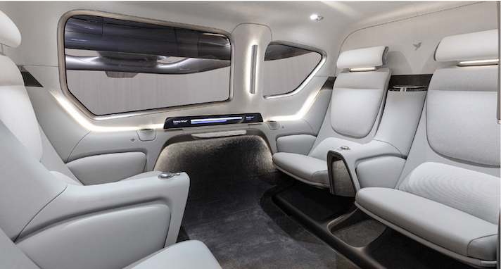 Futuristic white aircraft cabin interior with luxury seating