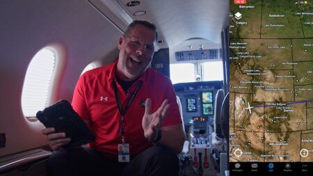 Collage showing moving map image on the right, and picture of Michael Kussatz inside business jet on the left