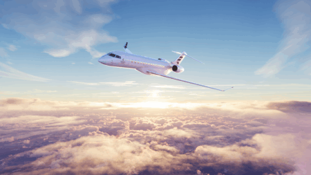Bombardier Global 8000 enters service Private jet flying above clouds at sunset
