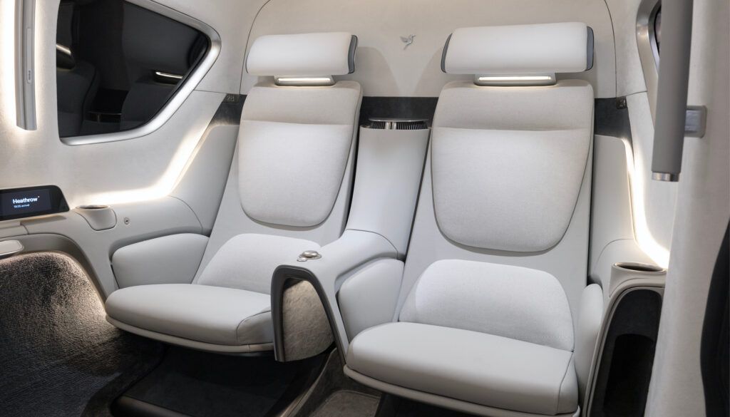 eVTOL cabin interior with luxury seating in cream palette