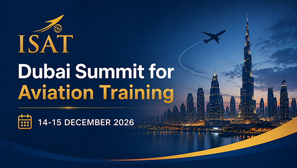 ISAT logo with text: 'ISAT Dubai Summit for Aviation Training. 14-15 DECEMBER 2026.'