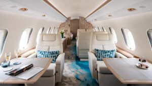 Global 6000 cabin with cream leather seats and blue and cream carpet