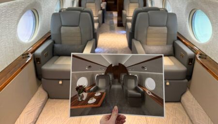 Private jet interior with someone holding a design concept photograph in foreground