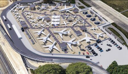 EBACE26 opens general exhibitor booking, details static display Aerial rendering of EBACE26 static aircraft display at Geneva Airport showing wide variety of business aircraft sizes and types on tarmac, plus exhibition chalets and visitor areas, surrounded by secure perimeter