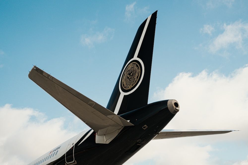 Close-up of an aircraft tail fin showing a black and white design with a circular gold emblem featuring an intricate decorative motif, set against a blue sky.