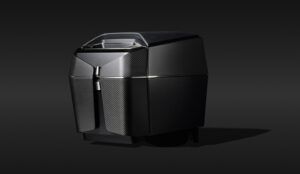 Dark cabinet with satin black varnish main structure and drawer fronts in matte carbon fibre