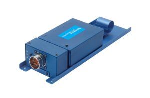 Blue True Blue Power TS32 Series emergency battery power supply with circular electrical connector, mounted on a tray bracket, on a white background