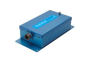 Blue True Blue Power TS56 emergency battery power supply with circular electrical connector on a white background