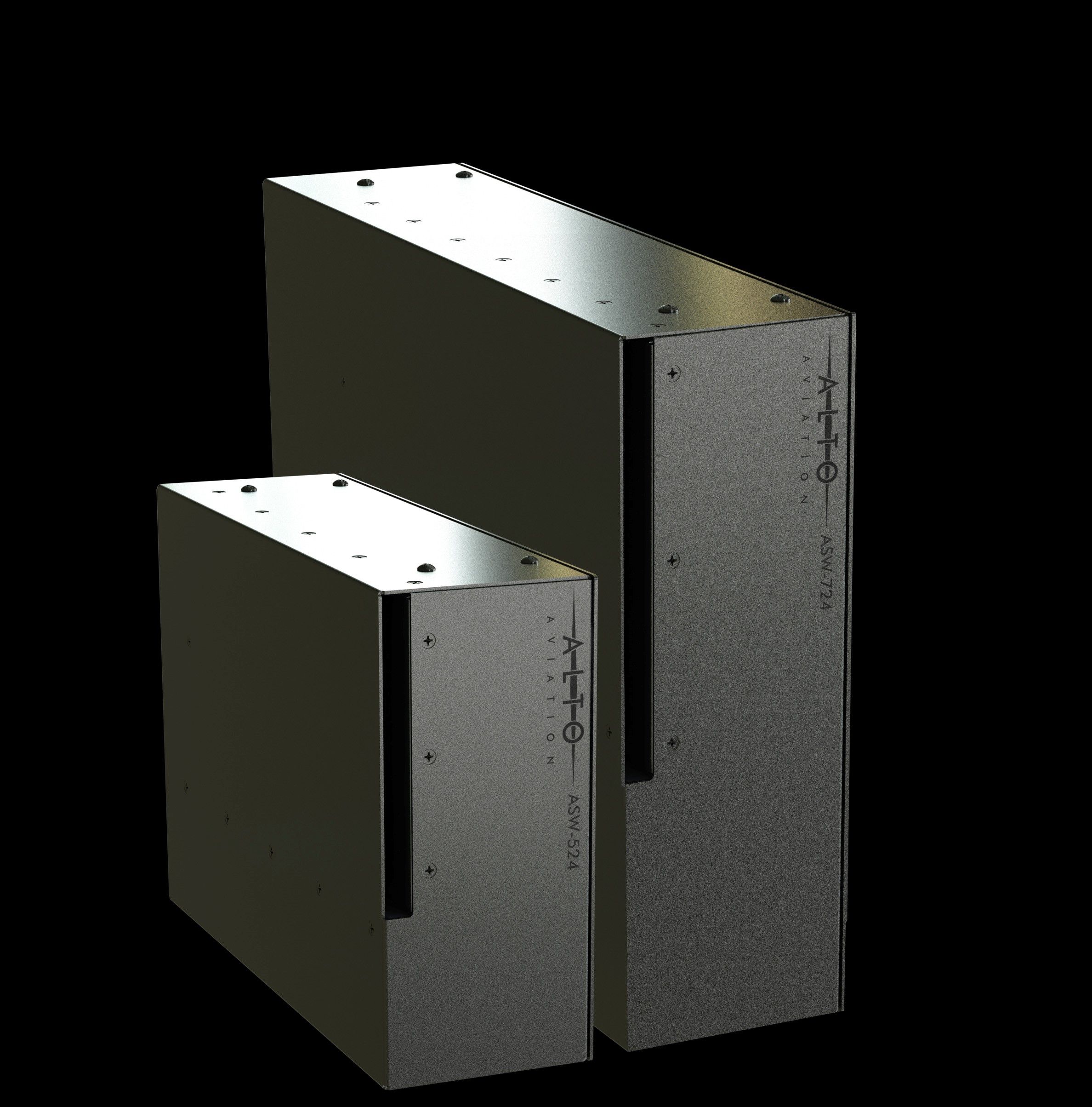 Two Alto Aviation subwoofer units displayed against a black background. The smaller ASW-524 model is positioned in front of the larger ASW-724. Both units feature a rectangular metallic enclosure with the Alto Aviation logo and model numbers engraved on the front panel, with mounting holes visible on the top surfaces.