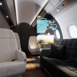Concept rendering of an aircraft cabin interior showing a transparent digital display embedded in a cabin divider panel. The display shows a flight map with a route between La Gomera and Frankfurt, along with flight data including speed, arrival time, temperature and a fasten seat belt indicator. Below the map, a second panel displays destination excursion tour information. The cabin features a cream leather seat on the left and a dark quilted seat and cushion on the right, with warm wood-effect flooring and recessed overhead lighting.